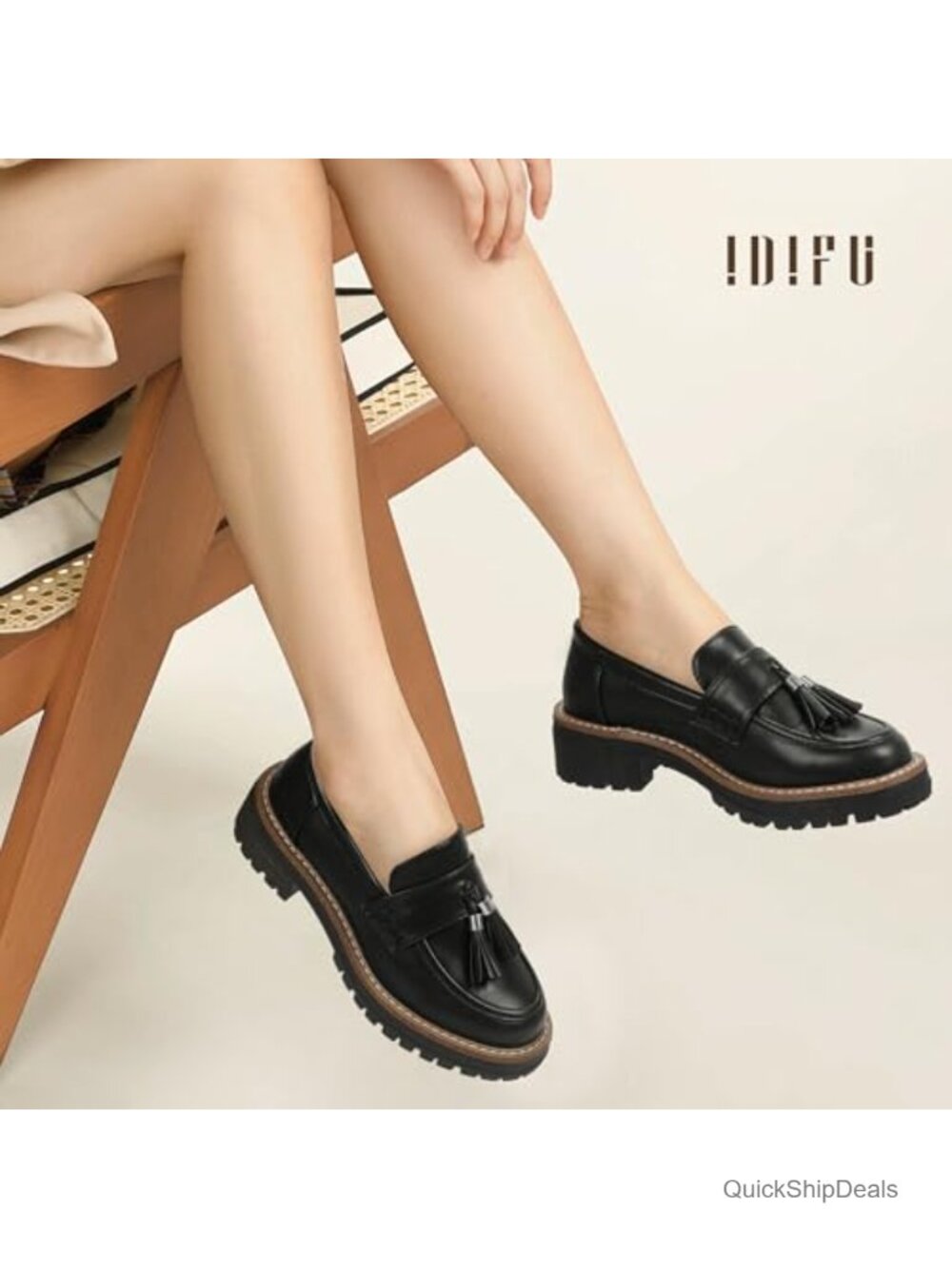 IDIFU Women's Chunky Platform Loafers Slip On Lug Sole Low Heel Tassel Dress - Picture 3 of 5